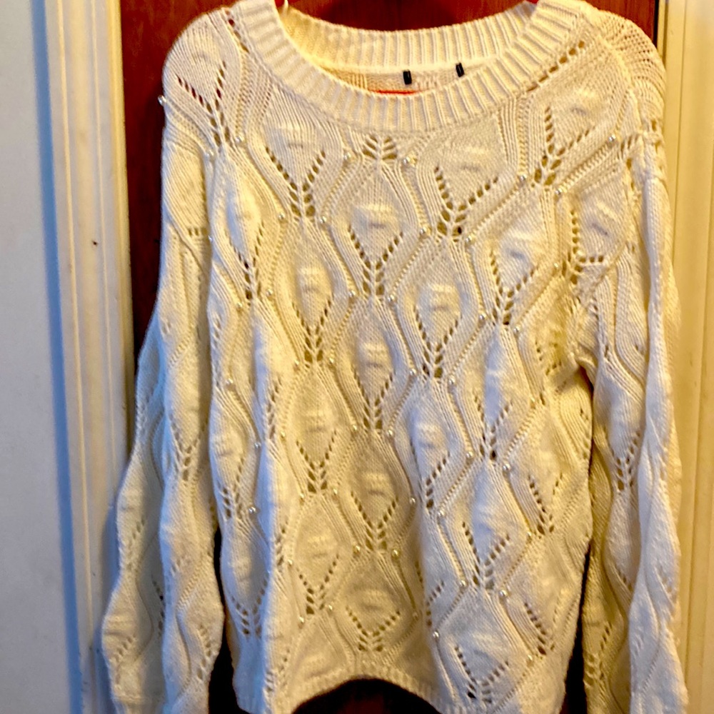 Ivory sweater with pearls.  Origin - ?  New $49.  Selling for $19.